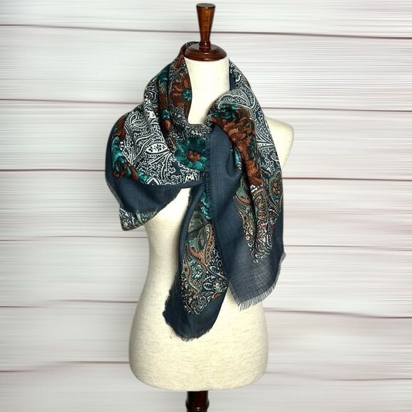 Vintage Ray Strauss Large Wool Square Scarf Shawl Gray Paisley Floral Italy - Picture 2 of 13